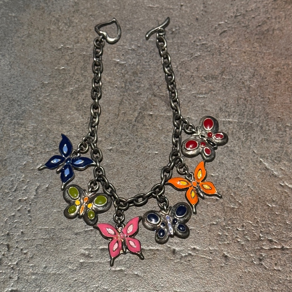 7in Butterfly Charm Bracelet Rolo Link Silvertone Heart Toggle Lock Butterflies